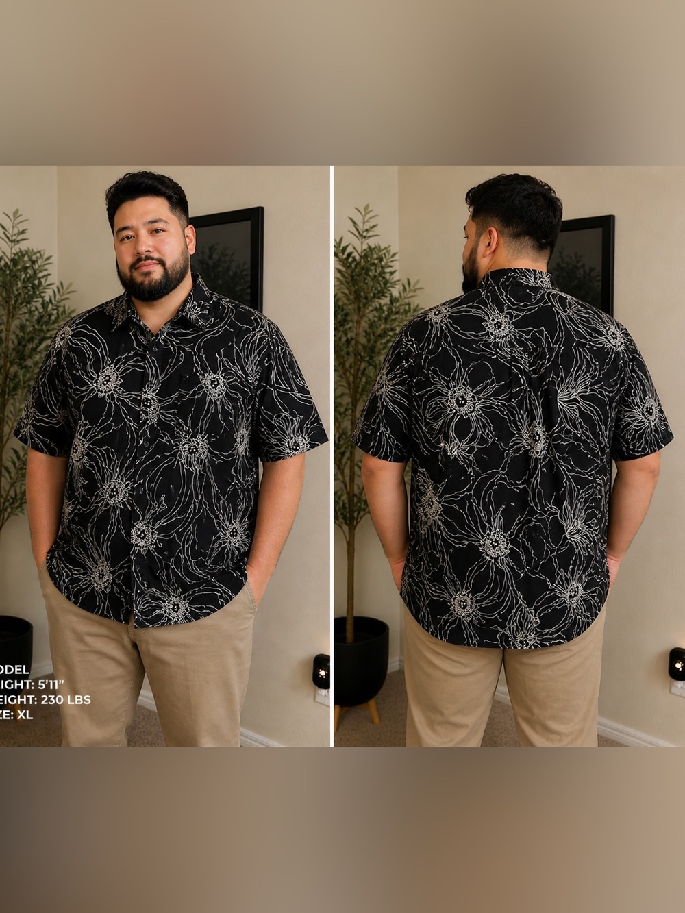 GAP Men’s Stretch Poplin Shirt Black White Floral Line Print Button-Down Size XL